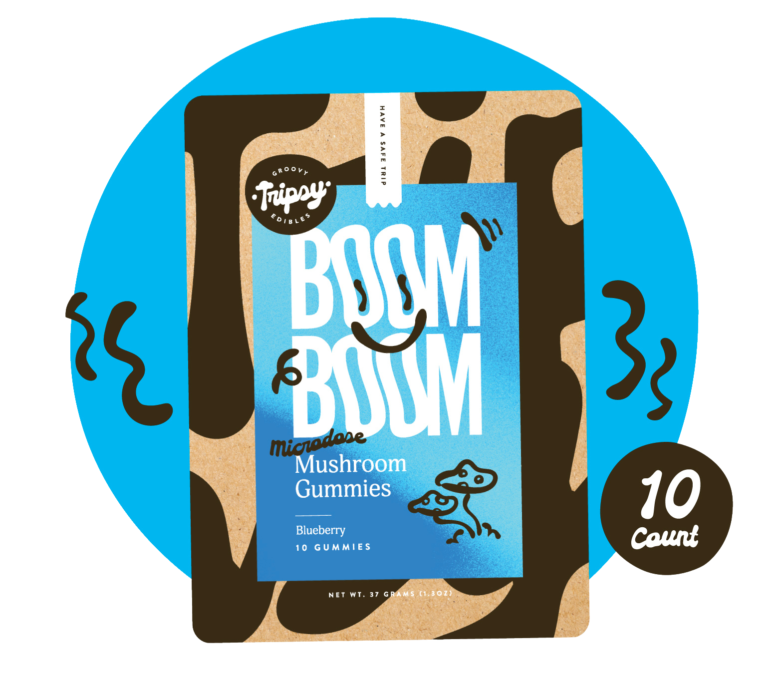 BOOM BOOM mushroom gummies pouch (Tripsy Edibles) in blueberry flavor labeled “microdose,” on a blue background with decorative accents and a “10 count” badge.