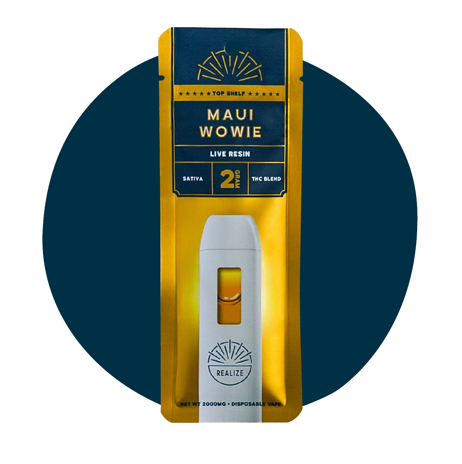 Realize Maui Wowie live resin disposable vape 2 gram THC blend sativa in gold retail packaging