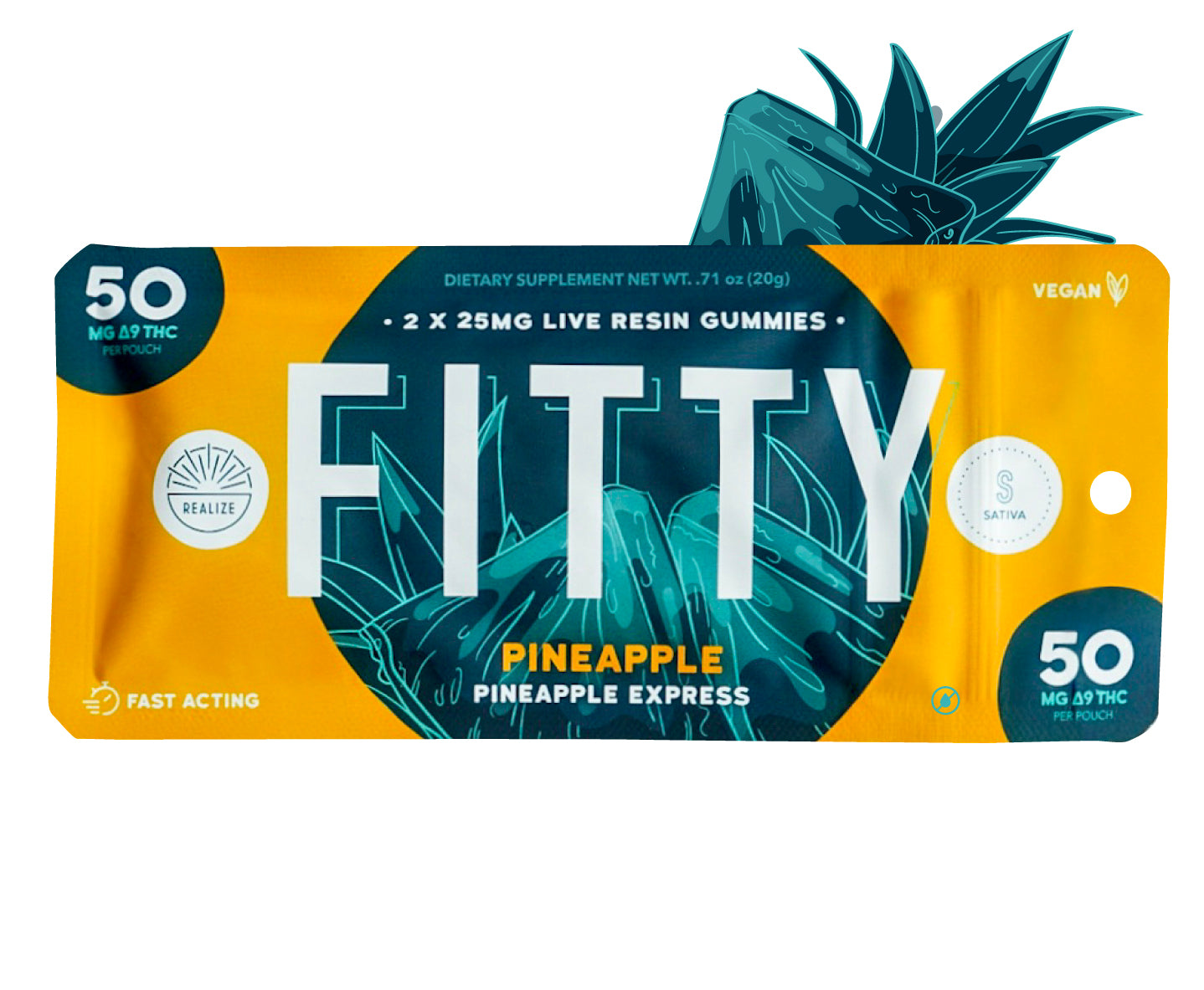 Realize DYE FREE FITTY Pineapple Express live resin gummies sativa with 50mg Delta-9 THC per pouch