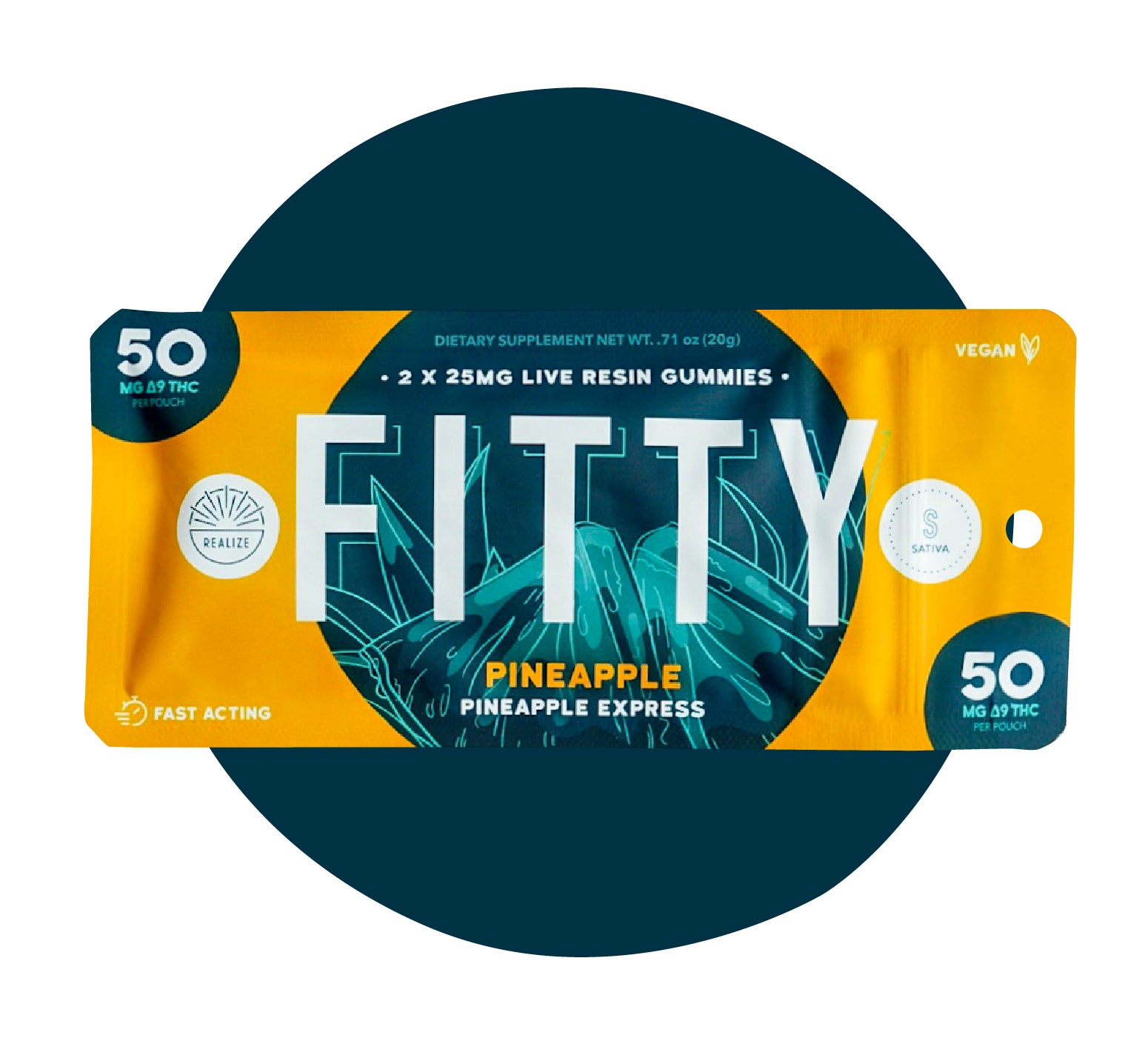 Realize FITTY Pineapple Express live resin gummies sativa with 50mg Delta-9 THC per pouch