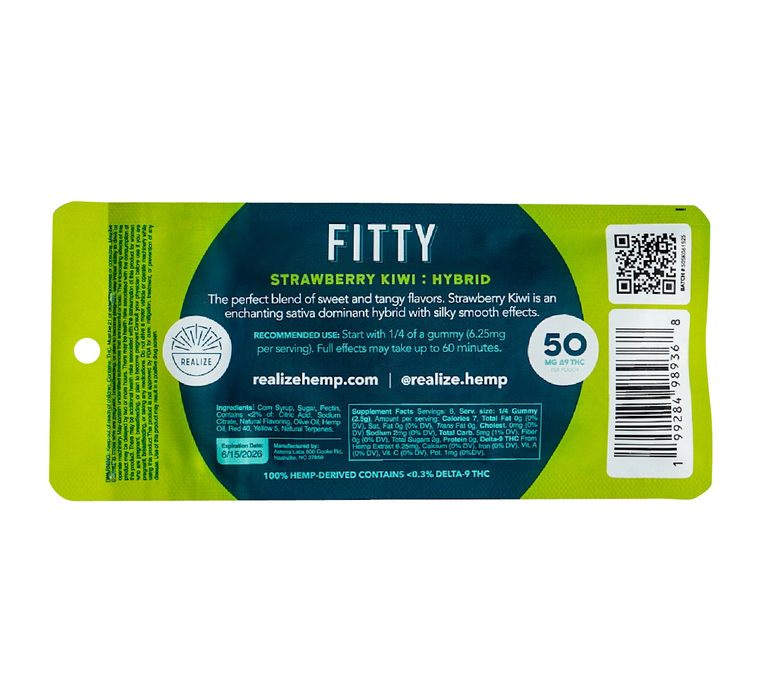 Back of Realize FITTY strawberry kiwi hybrid live resin gummies packaging showing dosage, ingredients, and QR code
