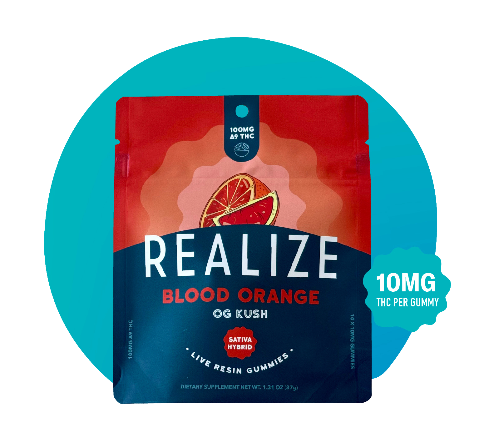 Realize Blood Orange OG Kush live resin gummies packaging front, sativa hybrid strain with blood orange illustration and 10mg THC per gummy label on red and blue pouch
