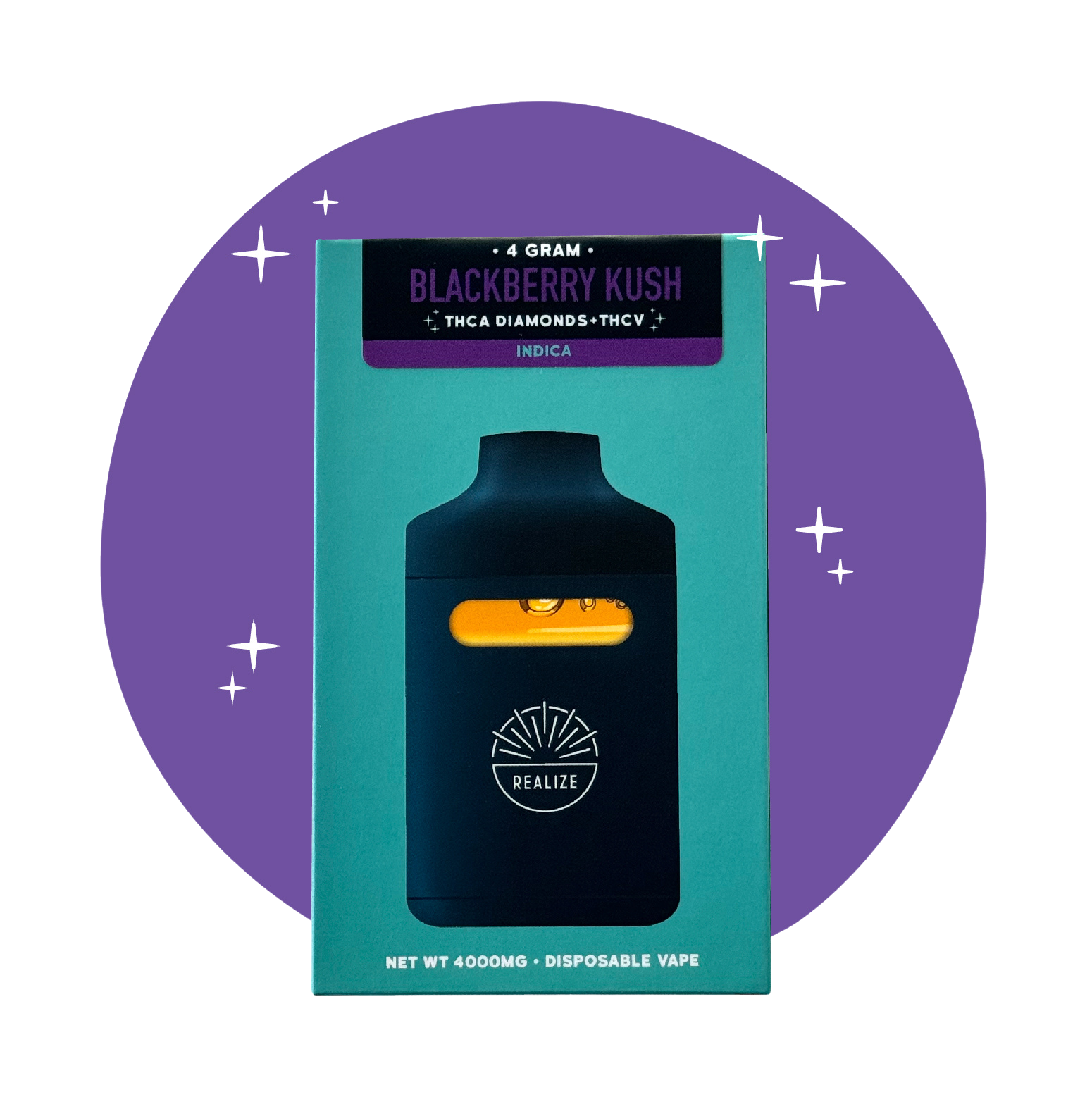 Realize Diamond Bar Blackberry Kush 4 gram disposable vape with THCA diamonds and THCV, featuring black hardware and teal packaging on a purple background.