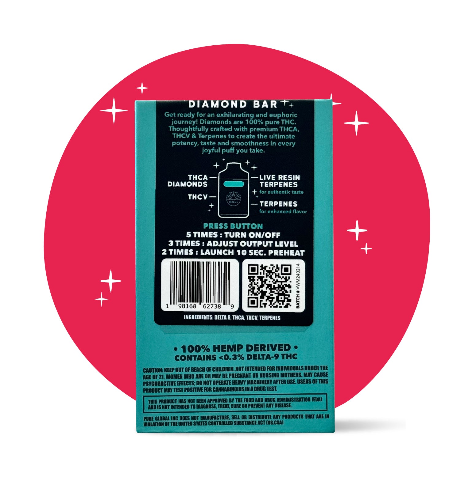 Realize Watermelon Kush disposable vape packaging back panel showing Diamond Bar blend details, THCA diamonds, THCV, live resin terpenes, usage instructions, barcode, and hemp-derived warning