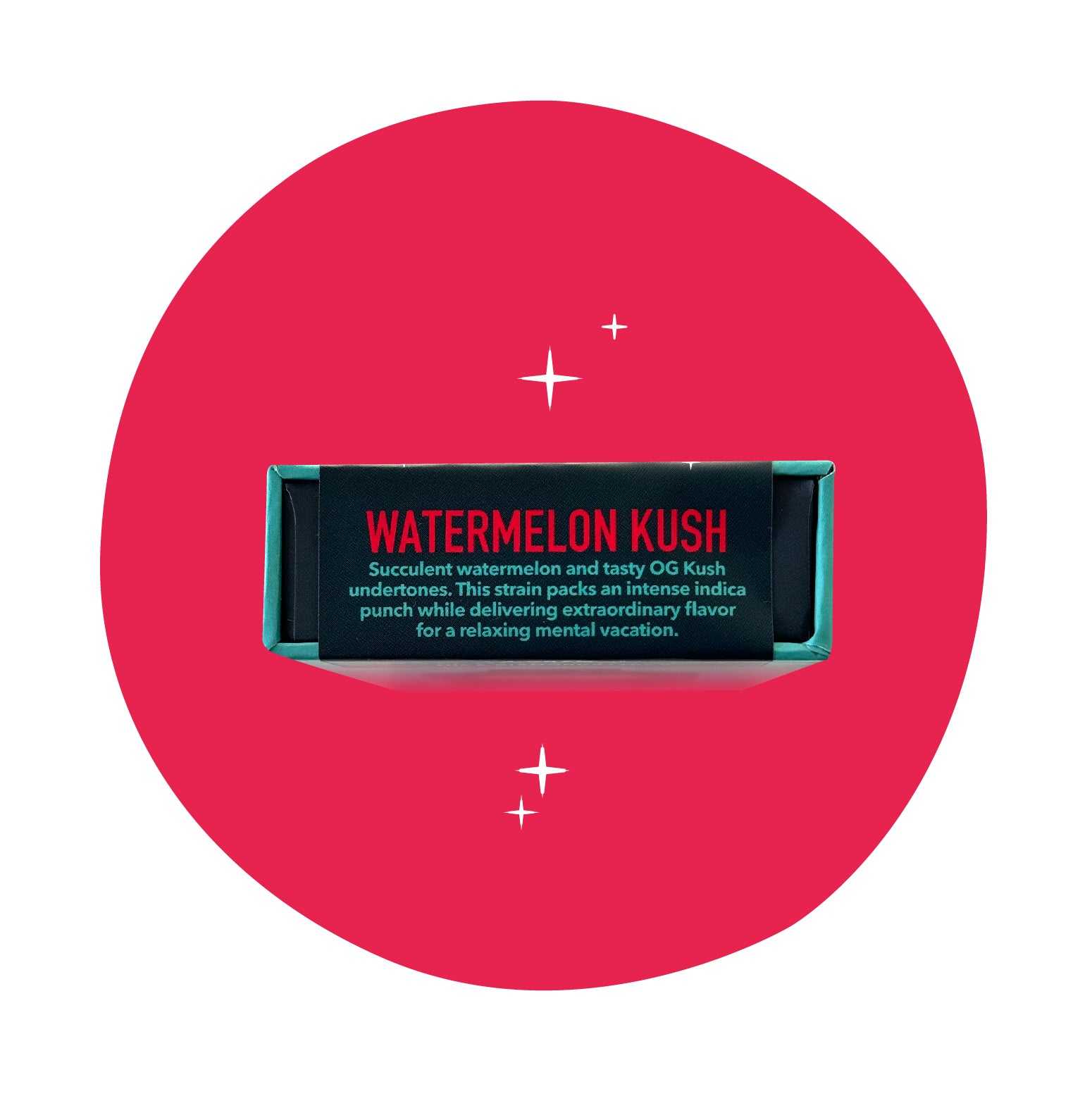 Realize Watermelon Kush disposable vape box side panel with strain description highlighting sweet watermelon flavor and relaxing indica effects