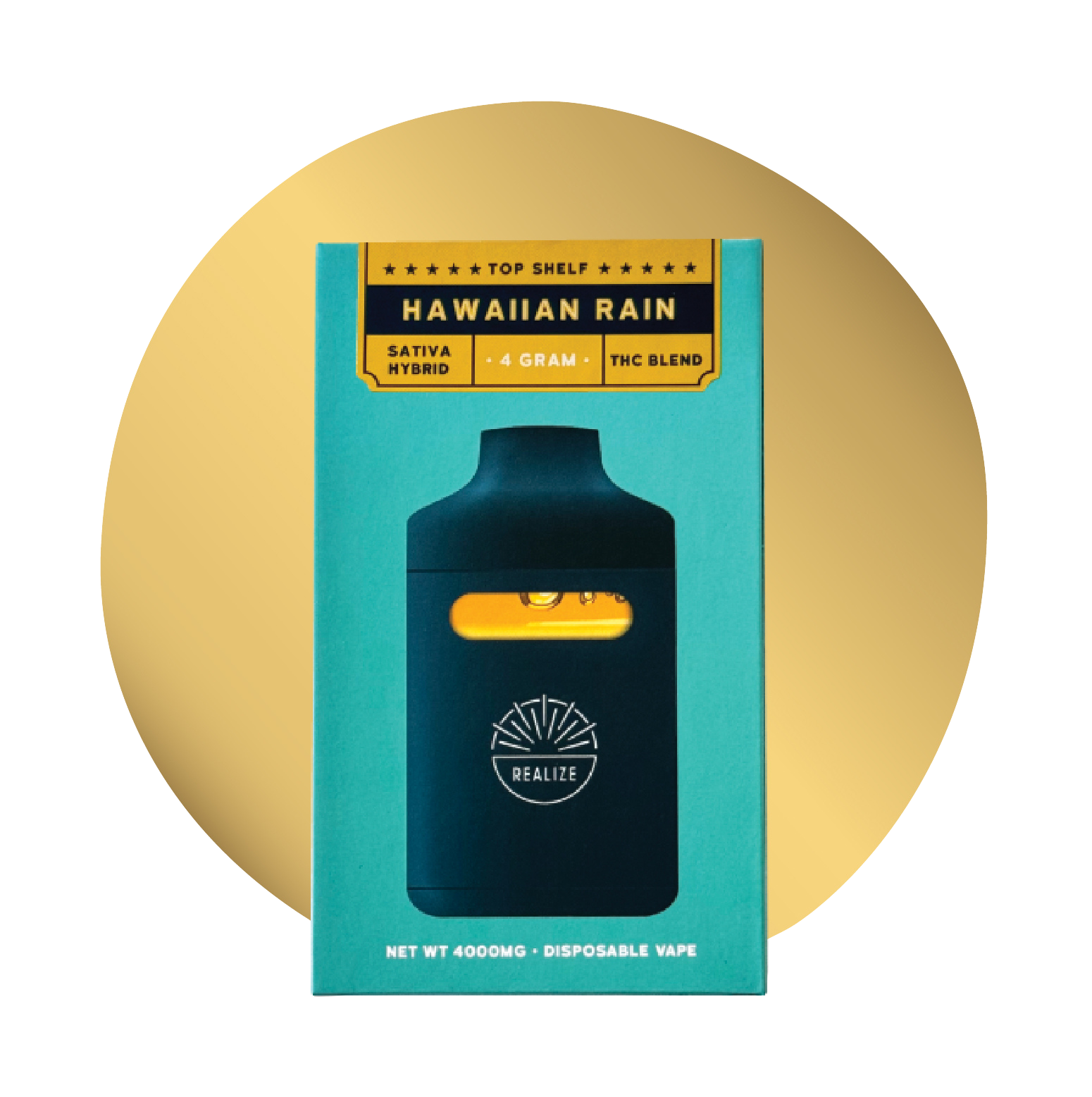 Realize Top Shelf Hawaiian Rain sativa hybrid 4 gram disposable vape THC blend hemp-derived vape packaging