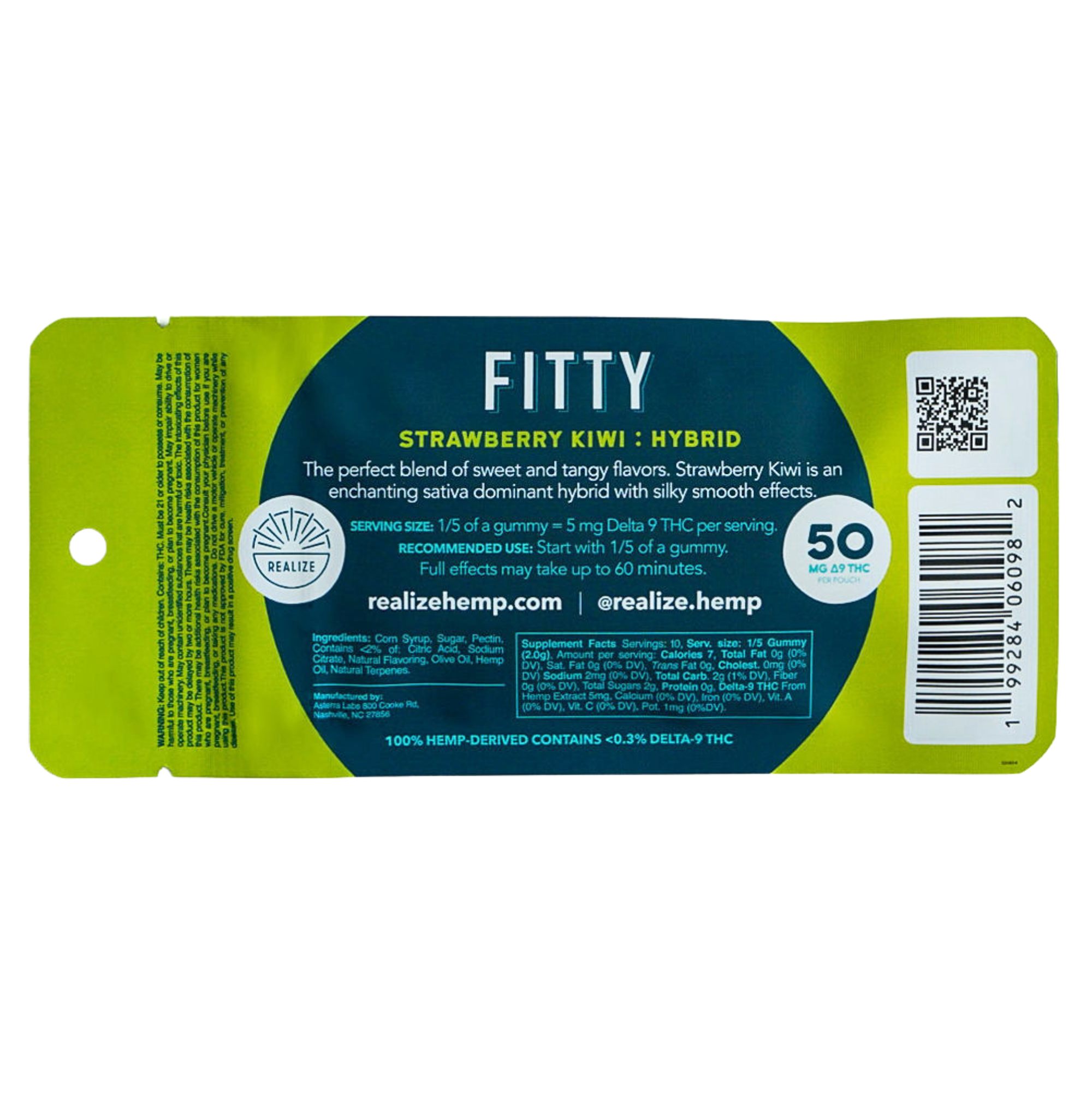 Back of Realize FITTY strawberry kiwi hybrid Delta-9 THC gummies 50mg pouch packaging with ingredients and dosage information