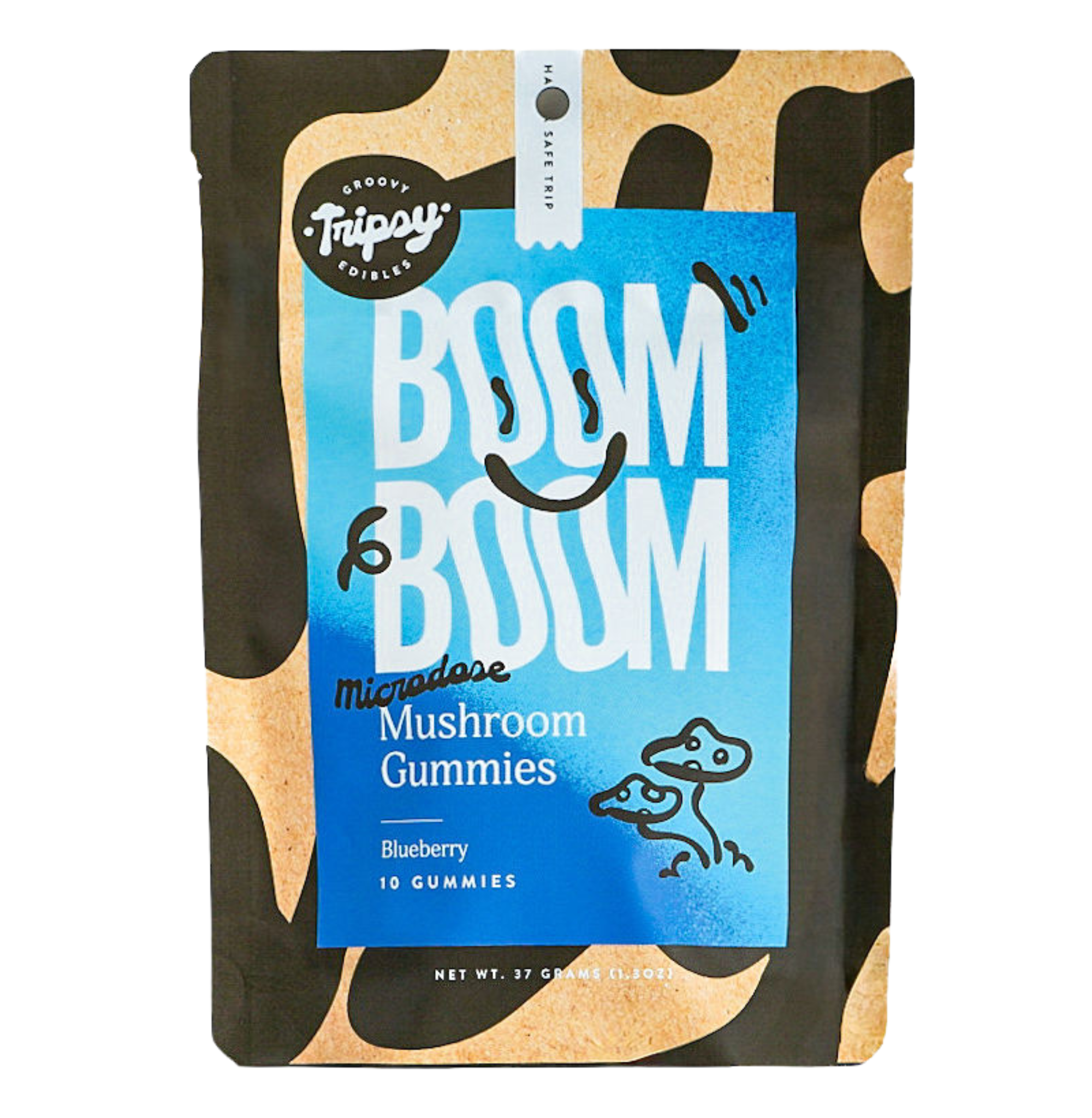 Trippy BOOM BOOM microdose mushroom gummies packaging in blueberry flavor, featuring bold blue gradient design with playful typography and illustrated mushrooms