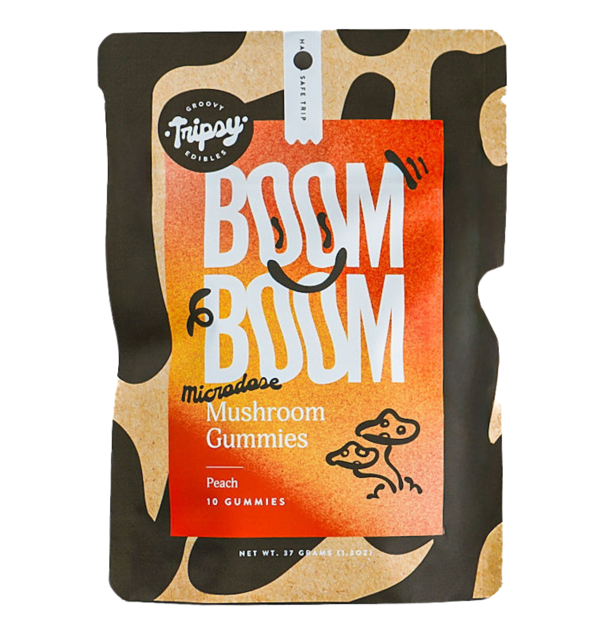 Trippy BOOM BOOM microdose mushroom gummies packaging in peach flavor, featuring bold orange gradient design with playful typography and illustrated mushrooms