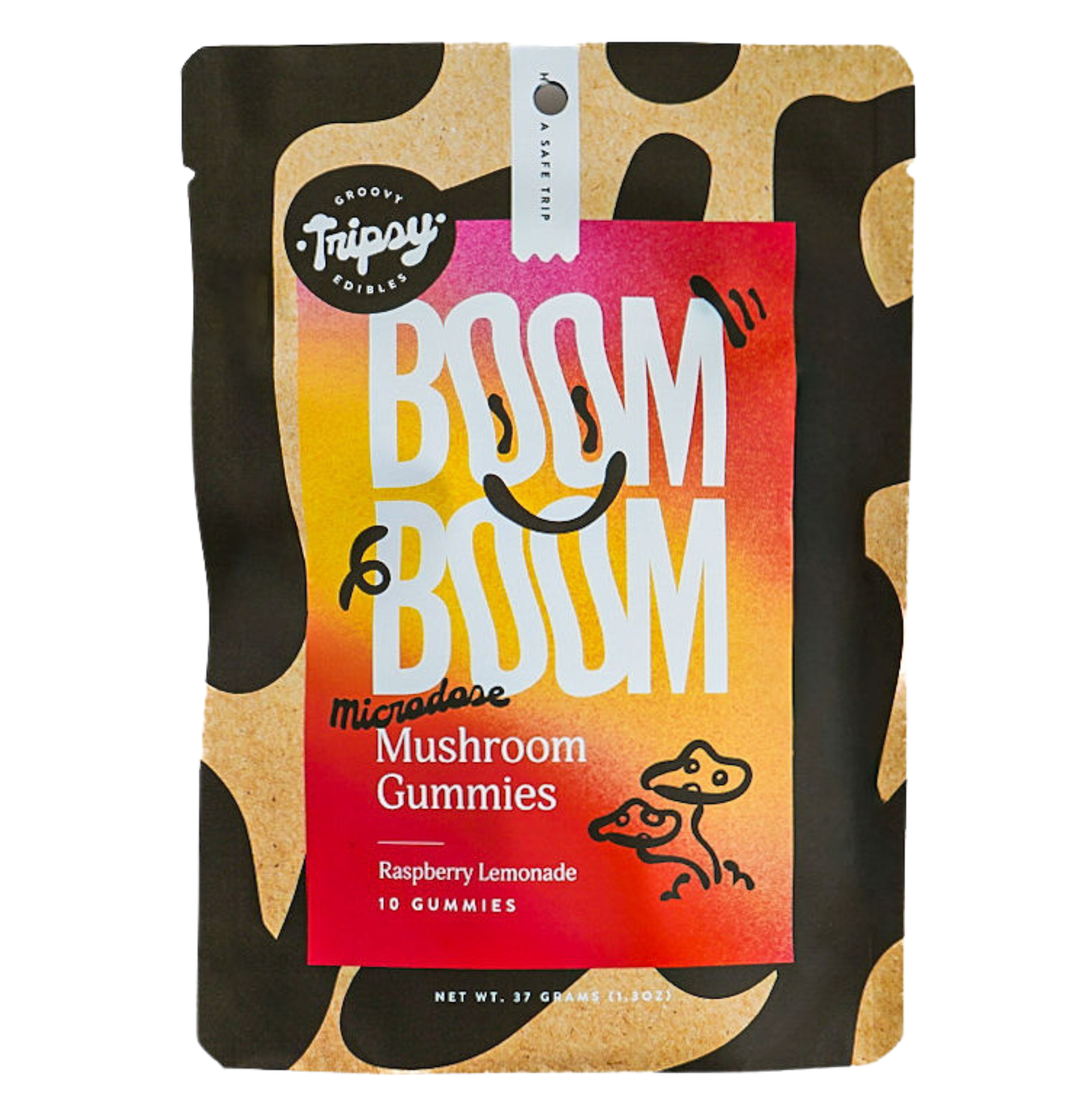 Trippy BOOM BOOM microdose mushroom gummies packaging in raspberry lemonade flavor, featuring bold colorful design with playful typography and illustrated mushrooms
