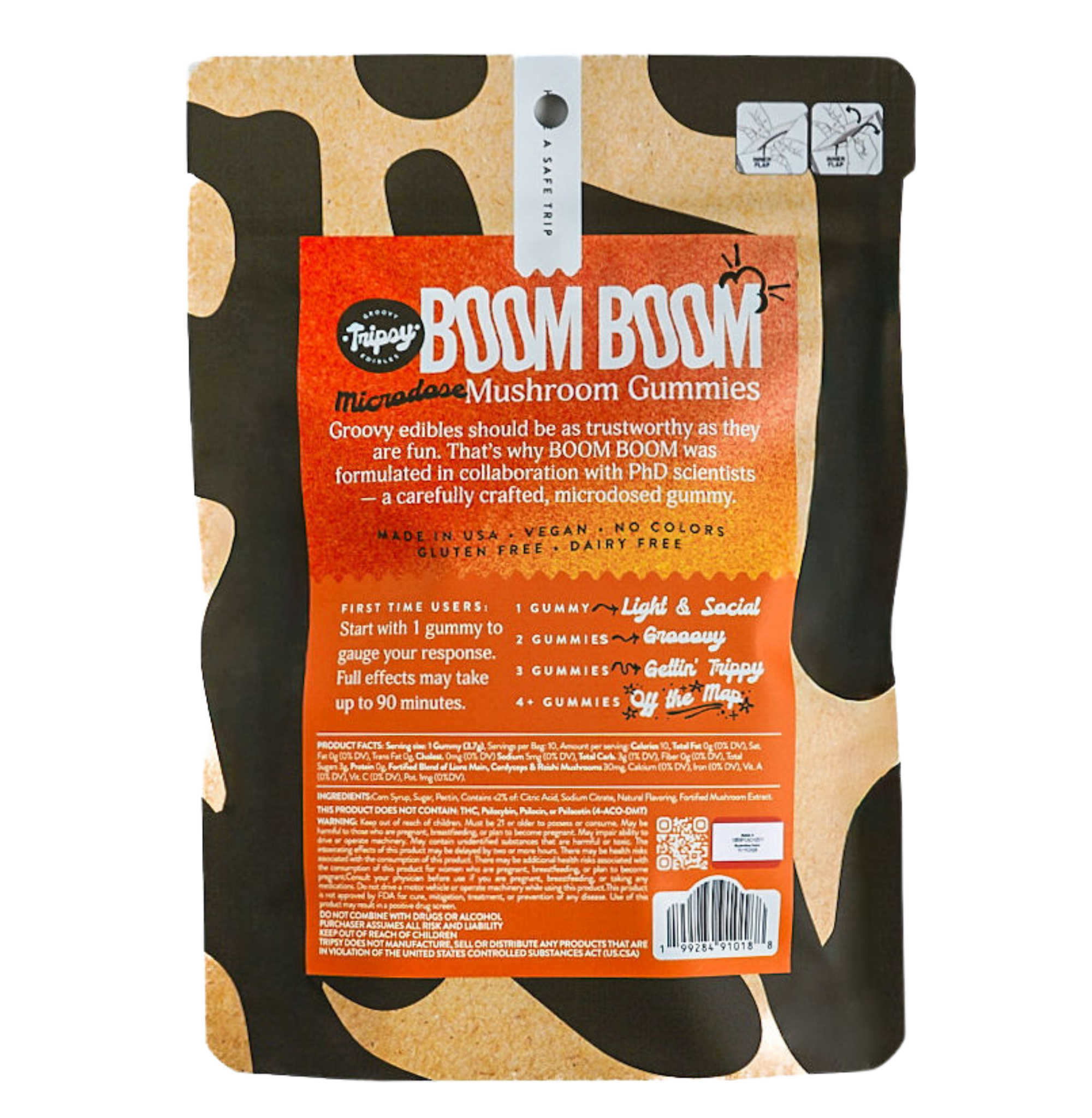 Back of Trippy BOOM BOOM microdose mushroom gummies packaging showing product details, dosage guidance, ingredients, and safety information on a colorful gradient label