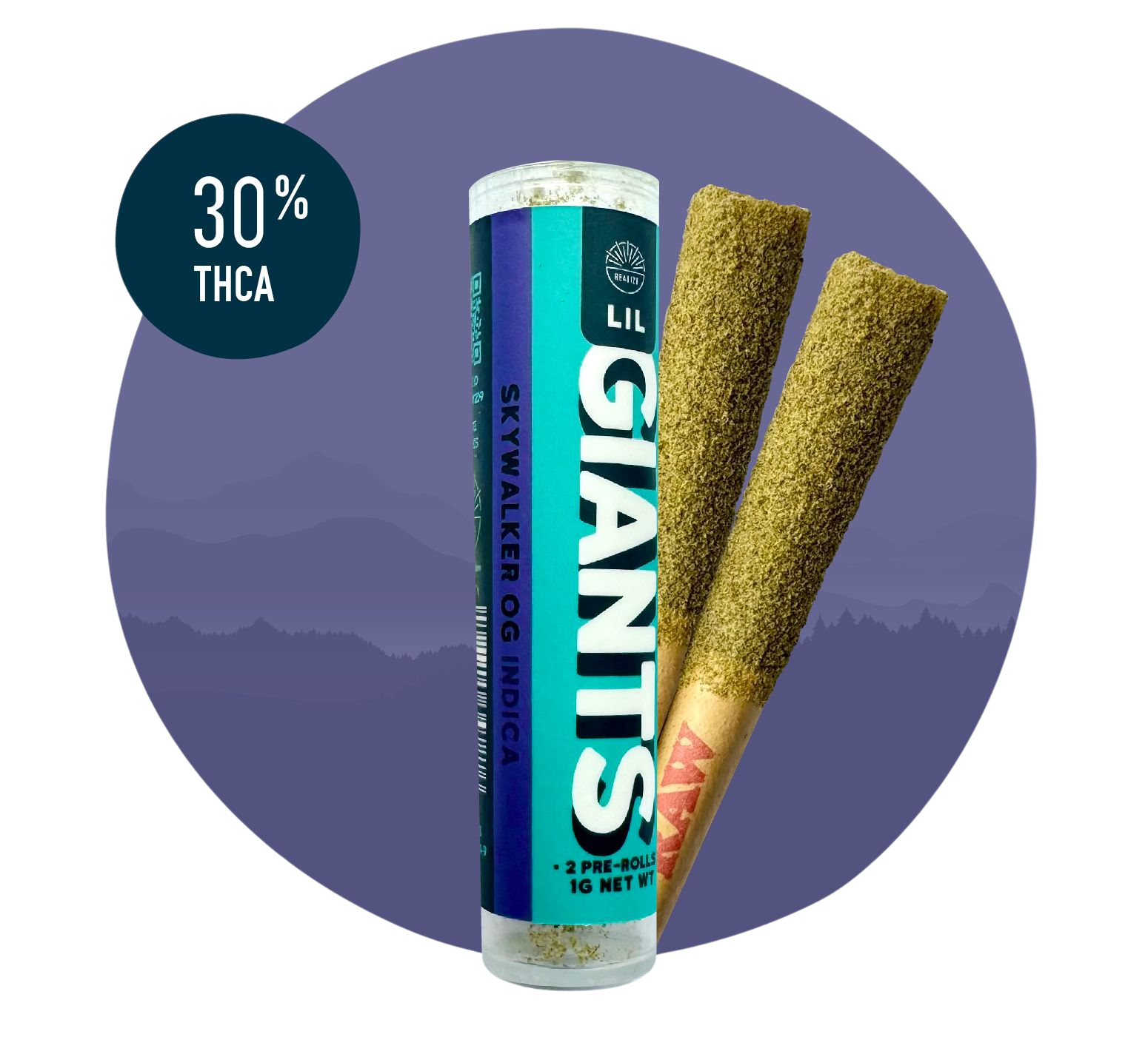 Realize Lil Giants Skywalker OG indica 30% THCA pre-rolls with tube packaging and two infused hemp joints