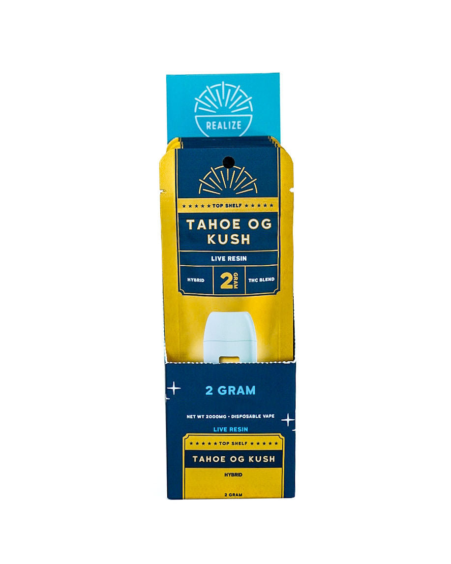 Realize Top Shelf Tahoe OG Kush 2 gram disposable vape retail display featuring gold and navy packaging with live resin THC blend branding.