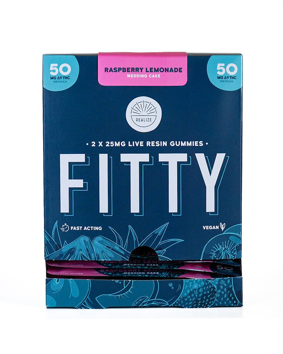 Realize FITTY raspberry lemonade Wedding Cake live resin gummies 50mg Delta-9 THC wholesale display box