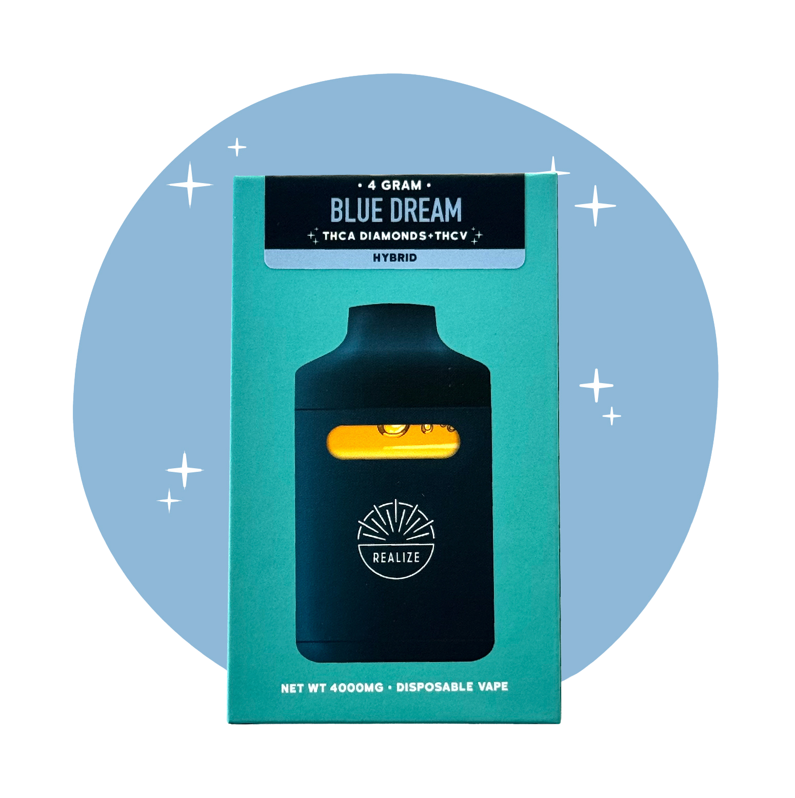 Realize Blue Dream disposable vape packaging front, hybrid strain with THCA diamonds and THCV, 4 gram disposable vape with device illustration