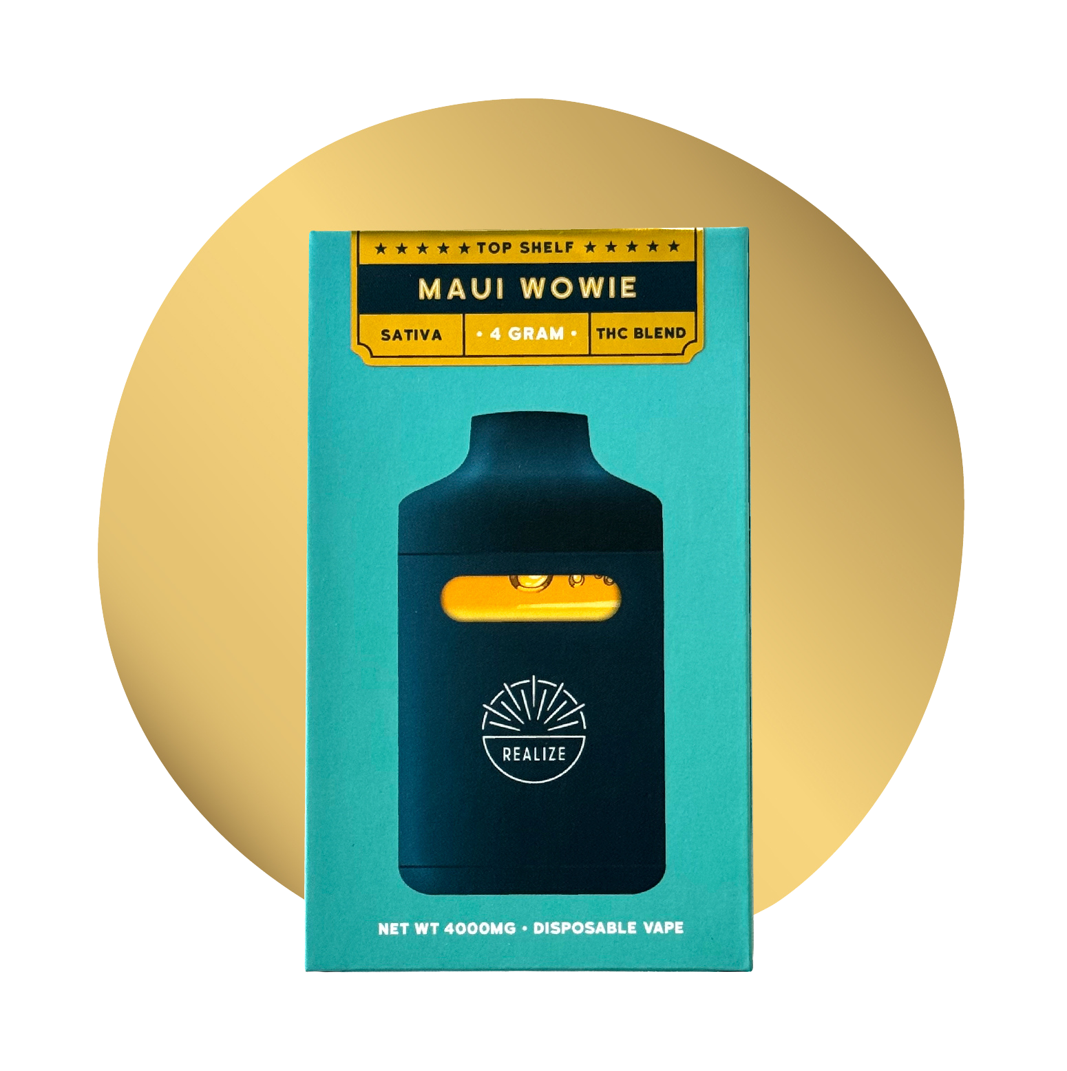 Realize Maui Wowie disposable vape packaging front, labeled Top Shelf Sativa THC blend, 4 gram vape with device illustration